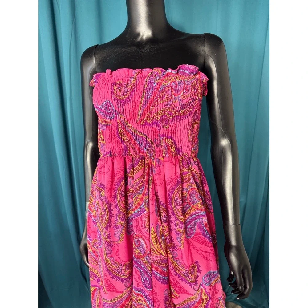 Snap Pink Paisley Strapless Dress High Low Hem Maxi Dress Summer Beach Cover LUp - Picture 2 of 10